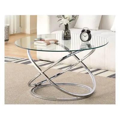 (Silver) Round Abstract Tempered Glass Coffee Table Chrome Effect Frame In Gold Or Silver