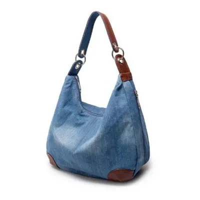 (blue) Large Luxury Ladies Denim Handbag Big Shoulder Bag Blue Jeans Handbag Jean Denim Tote Cro