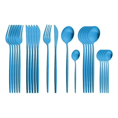 (blue) 24pcs Gold Matte Cutlery Set Stainless Steel Dinnerware Set Silver Knife Fork Spoon Silve