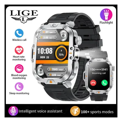 (silver, Silicone strap) Lige Led Flashlight Smart Watch 2.01" Tft Large Screen Sports Fitness H