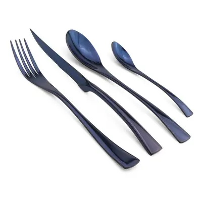 (blue) Pcs Shiny Black Dinnerware Cutlery Set Stainless Steel Sharp Steak Dinner Knives Forks Sc