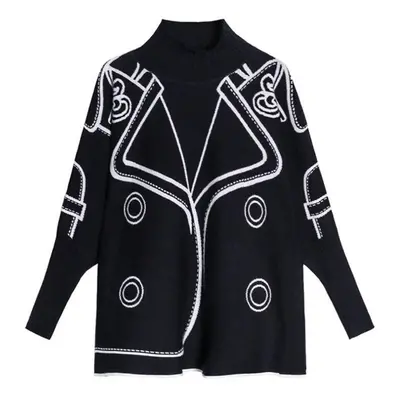 (One Size, black) Xitao Knitted Sweater Plus Size Goddess Fan White Black Autumn Plus Size Geome