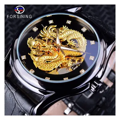 (black) Forsining Chinese Dragon Design Diamond Dial Men Watch Luminous Hands Brand Luxury Mecha