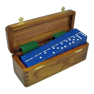 Marion and Co Double Six Blue Jumbo Tournament Domino Set with Spinners in Sheesham Wood Box