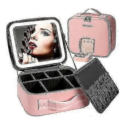 (Pink) Makeup Travel Bag With Led Light Up Mirror Portable Makeup Case Organizer Makeup Brush Ac