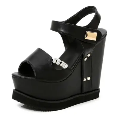 (black, 38) Gdgydh Summer Peep Toe Wedge Sandals Women Platform Increased Height Metal Decoratio