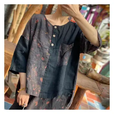 (black, One Size) Johnature Women Vintage Patchwork Color Shirts Spring Button Loose Tops Linen 