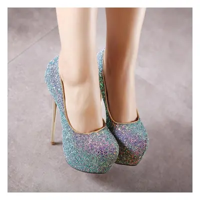 (blue, 40) Women&apos;s High Heels Super High Heel Stiletto Platform Pumps Sequins Ladies Shoes 