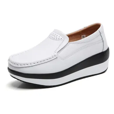 (white, 38) Spring Women&apos;s Leather Shoes Platform Shoes Casual Shoes Breathable Wedge Sneak