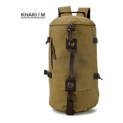 (khaki, small) Large Capacity Climbing Round Bucket Waterproof Canvas Men Travel Duffel Shoulder