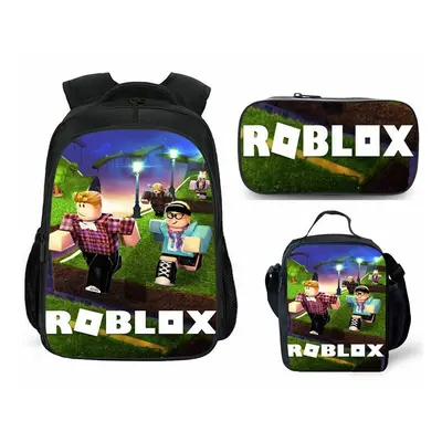 (Green White) 3pcs Roblox Schoolbag Lunch Bag Pencil Case Set