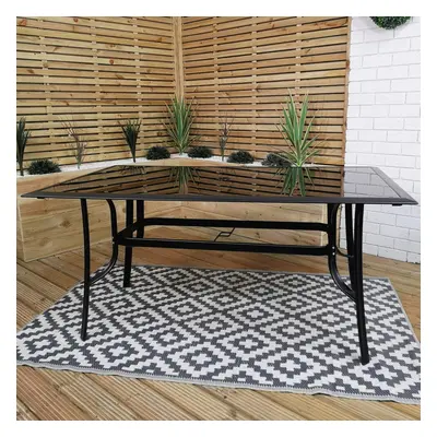 6 Person Rectangular Black Garden Patio Table with Glass Top & Parasol Hole