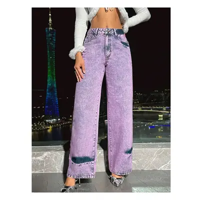 (purple, XL) Women&apos;s Clothing Ins Retro Casual High Waist Wide Leg Straight Leg Denim Pants