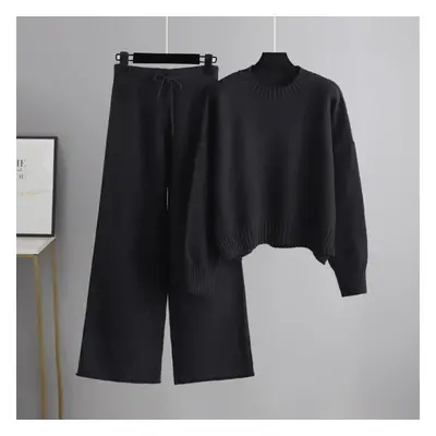 (black, OneSize) Autumn Winter Causal Knitted Pullover Suit Pants Women Loose Sweater Wide Leg P