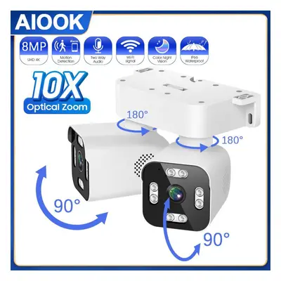 AIOOK Security Camera Outdoor Waterproof Dual Lens HD 8MP 4K 10X Zoom WiFi CCTV Night Vision Two