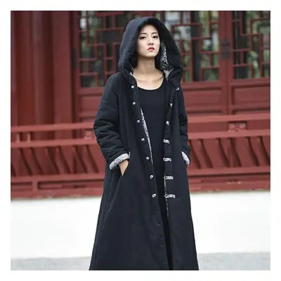 (black, One Size) Johnature Women Cotton Linen Long Coats Winter A-line Vintage Button Pockets F