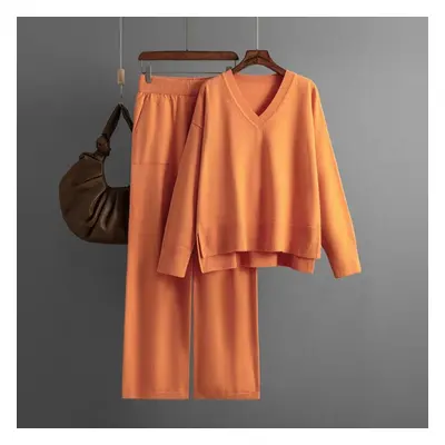 (orange, OneSize) Autumn Winter Knitted Sweater Suit Female Loose V Neck Jumper Pant Two Piece S