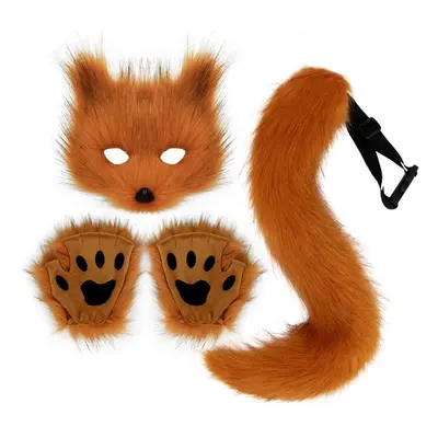 (champagne) Furry Fox Mask Wolf Fox Tail And Paw Gloves Set Adult Cat Halloween Mask Cosplay Ani