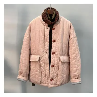 (pink, One Size) Johnature Women Vintage Linen Parkas Stand Long Sleeve Button Plus Cotton Warm 