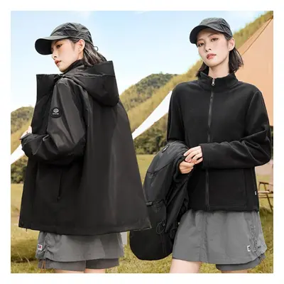 (black, M) Women Autumn Winter Hooded Multi-function Interchange Jacket Thicken Detachable Outwe