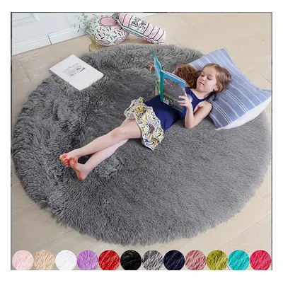 (Grey, 180X180cm) Round Floor Rug Plush Fluffy Area Carpet Bedroom Living Room Mat Anti slip Sof