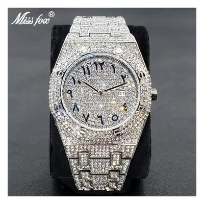 Bling Fully Diamond Watch For Men Stainless Steel Arab Number Quartz Wristwatch Hip Hop Ice Out 