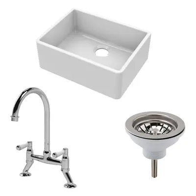 Fireclay Kitchen Bundle - Single Bowl Butler Sink, Strainer Waste & Bridge Mixer Tap, 595mm - Ch