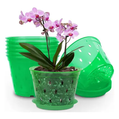 Kitypartsy Pack inch Orchid Pots with Holes and Saucers Clear Plastic Orchid Pots (Green Emerald