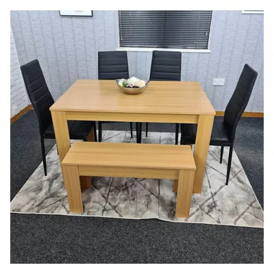 Dining Table and Chairs With Bench Oak Effect Wood Black Leather Chairs Dining Room