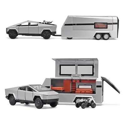 (silver, 1/32-Size:35*7*7.5cm) 1/32 Tesla Toy Diecast Metal Pickup Trailer Rv Model Kit,toy Truc