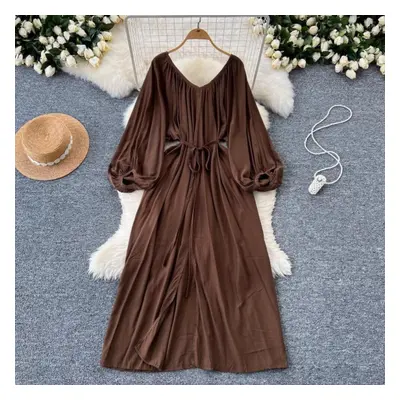 (coffee, One Size) Elegant Gentle Lantern Sleeve Dresses Y2k Slim Waist Lace Up Dress For Women 