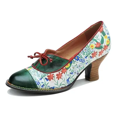 (green, 41) Johnature Genuine Leather Pumps Women Shoes Hand-painted Floral Retro Pastoral Slip-