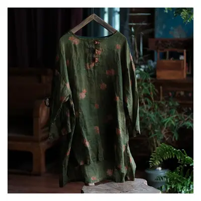 (One Size, green) Johnature Women Vintage T-shirts Floral O-neck Long Sleeve Loose Fall Button W