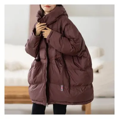 (coffee, M) Women White Duck Down Jacket Casual Loose Over Size Autumn Winter Warm Outwear With 