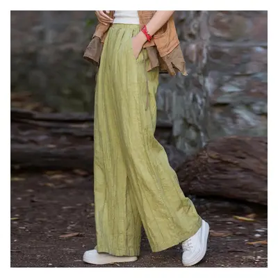 (yellow, One Size) Johnature Women Vintage Tie-dye Wide Leg Pants Elastic Waist Autumn Trouser L