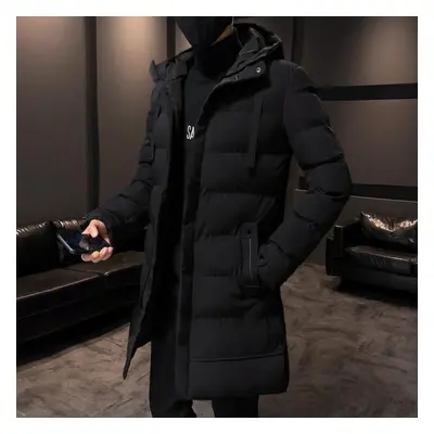 (black, XXL) Men&apos;s Hooded Down Jacket Mid-length Winter Hooded Thicken Mid-length Hooded Me