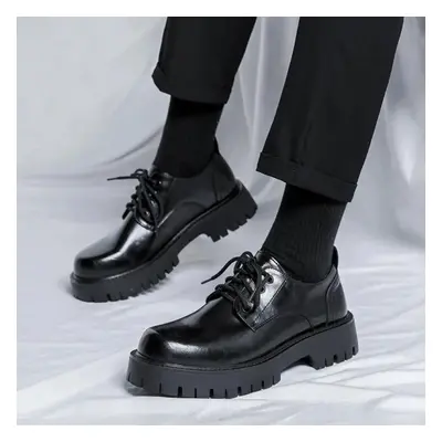 (black, 42) Men Korea Leather Platform Oxfords Slip On Thick Tottom For Male Derby Shoes Casual 