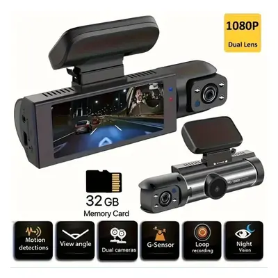 (as the picture, Front &Inside+ 32GB Card) 1080p Full Hd Dual Dash Cam - Wide Angle Front And In