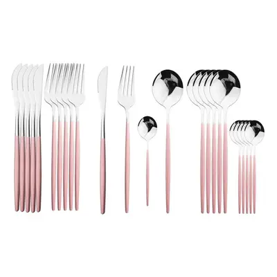 (pink,silver, 24pcs) 24pcs Black Handle Golden Cutlery Set Stainless Steel Knife Fork Spoon Tabl