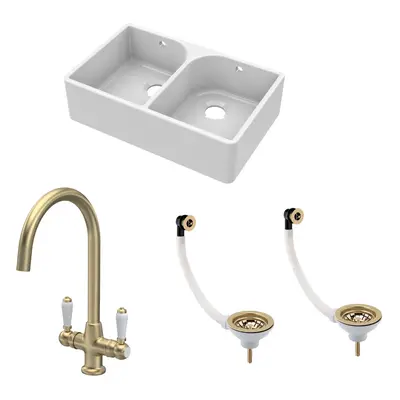 Fireclay Kitchen Bundle - Double Bowl Full Weir Butler Sink, Wastes & Mono Lever Tap, 795mm - Br