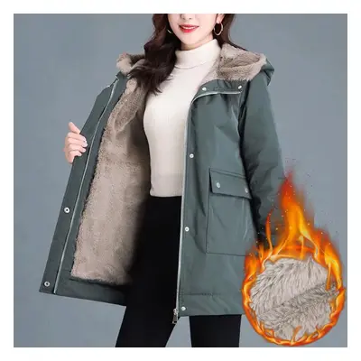 (green, 3XL) Winter Jacket Women Casual Warm Padded Coats Snow Wear Plush Parka Mid-length Loose