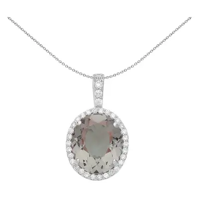 Jewelco London Ladies Rhodium Plated Sterling Silver Olive Oval CZ Solitaire Halo Pendant Neckla