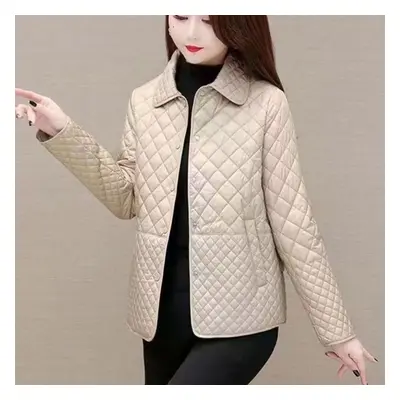 (khaki, XL) Autumn Winter Women Midi Plaid Quilted Coats Fashion Female Korean Clothing Solid Ca