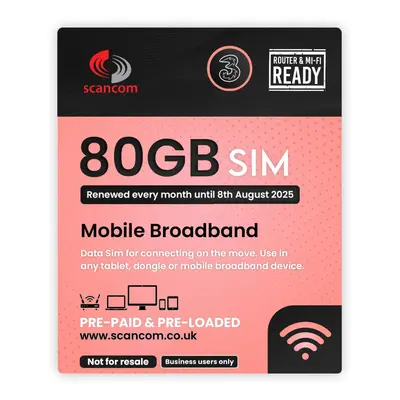 Three 80GB Data SIM - 5G Business-Grade Data Renewed Monthly until 8th July - Perfect for Wifi R