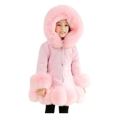 (Pink, Years) Girls Kids Winter Coat Jacket PU Puffer Fur Hooded