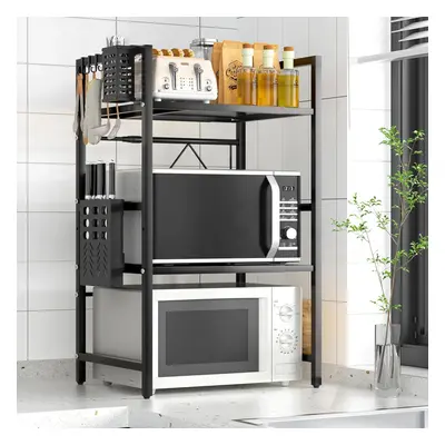 (Black) Microwave Shelf, Extendable Microwave Stand with Hooks/Cutting Board Holder/Knife Holder