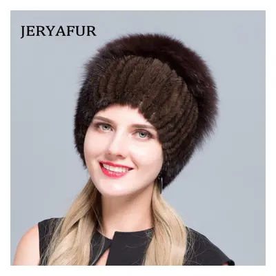 (brown) Jeryafur Warm Real Natural Mink Fur Hat Female Mix Color Sliver Fox Fur Women Winter Hat