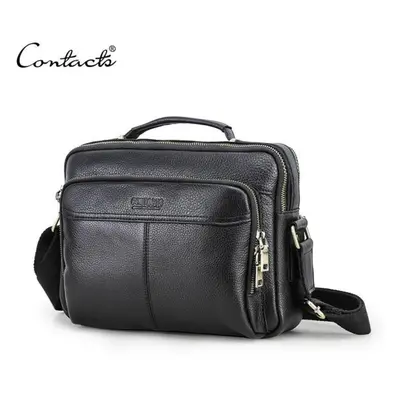 (black) Contact&apos;s Crazy Horse Leather Men Messenger Bag Vintage Man Crossbody Bag Handbags 