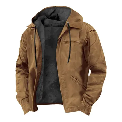 (light brown, XXXXL) Men&apos;s Casual Zippered Pocket Hooded Jacket Men&apos;s Solid Color Fash