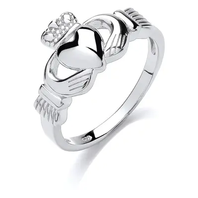 (M) Jewelco London Ladies Rhodium Plated Sterling Silver Love Heart Crown Claddagh Claddagh Ring